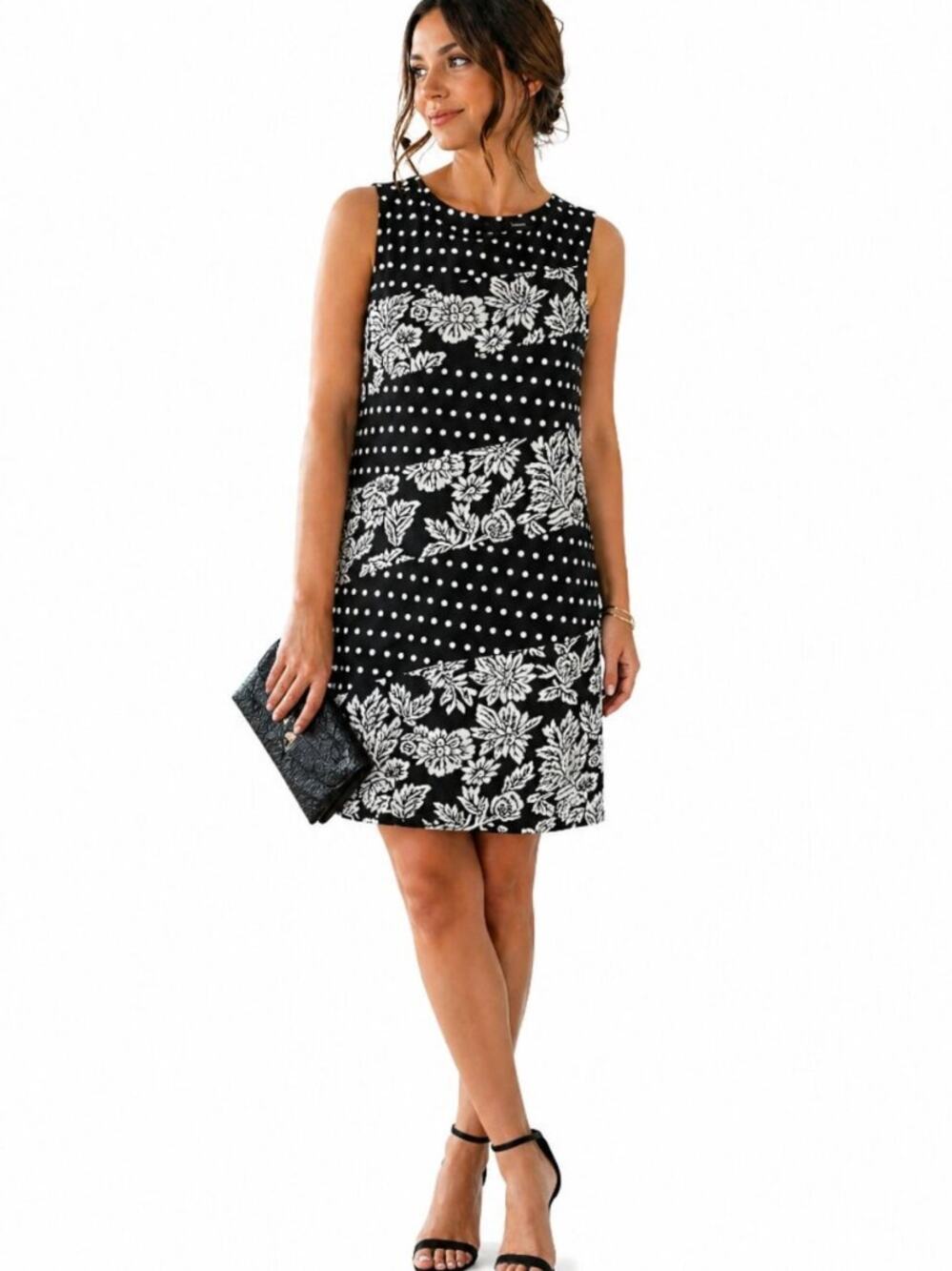 Maeve Anthropologie Shift Dress L Black White Floral Polka Dot Sleeveless Mod
